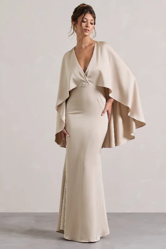 Trendy Looks On Sale Refined Simplicity Yasie | Champagne Satin Plunge-Neck Maxi Dress With Cape Sleeves