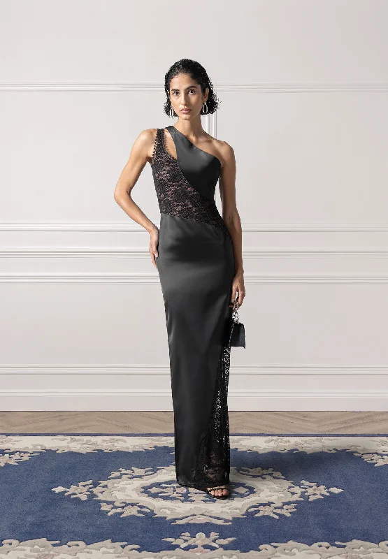 Contemporary Fashion Sale Feminine Soft - Hued Look Satin and Lace Midaxi Dress - Black