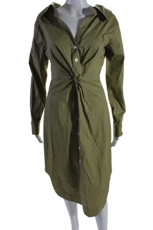 Romantic Chic Deals Feminine Soft - Hued Look Staud Womens Button Front Long Sleeve Collared Shirt Dress Green Cotton