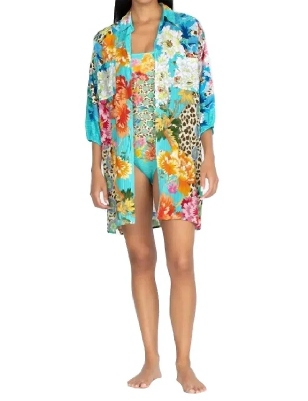 Casual Chic Deals Disco - Inspired Retro Dance Look Leopard Shirt Dress In Blue Multi