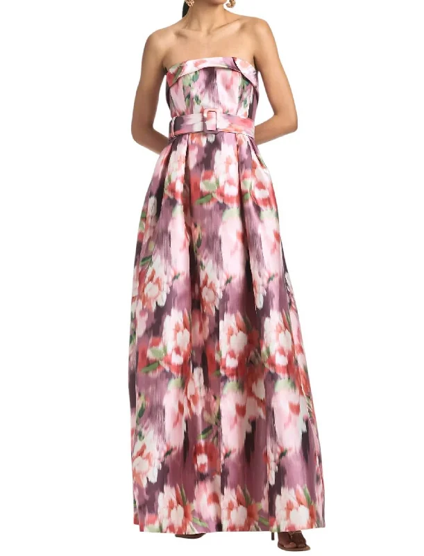 Trendy Threads Bold Silhouette Brielle Gown With Belt In Mauve Ikat Floral