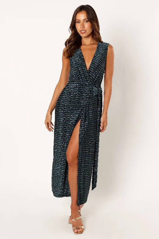 Dive Into Trendy Styles Bold Patterns Tahlia Wrap Midi Dress - Blue Gold Stripe