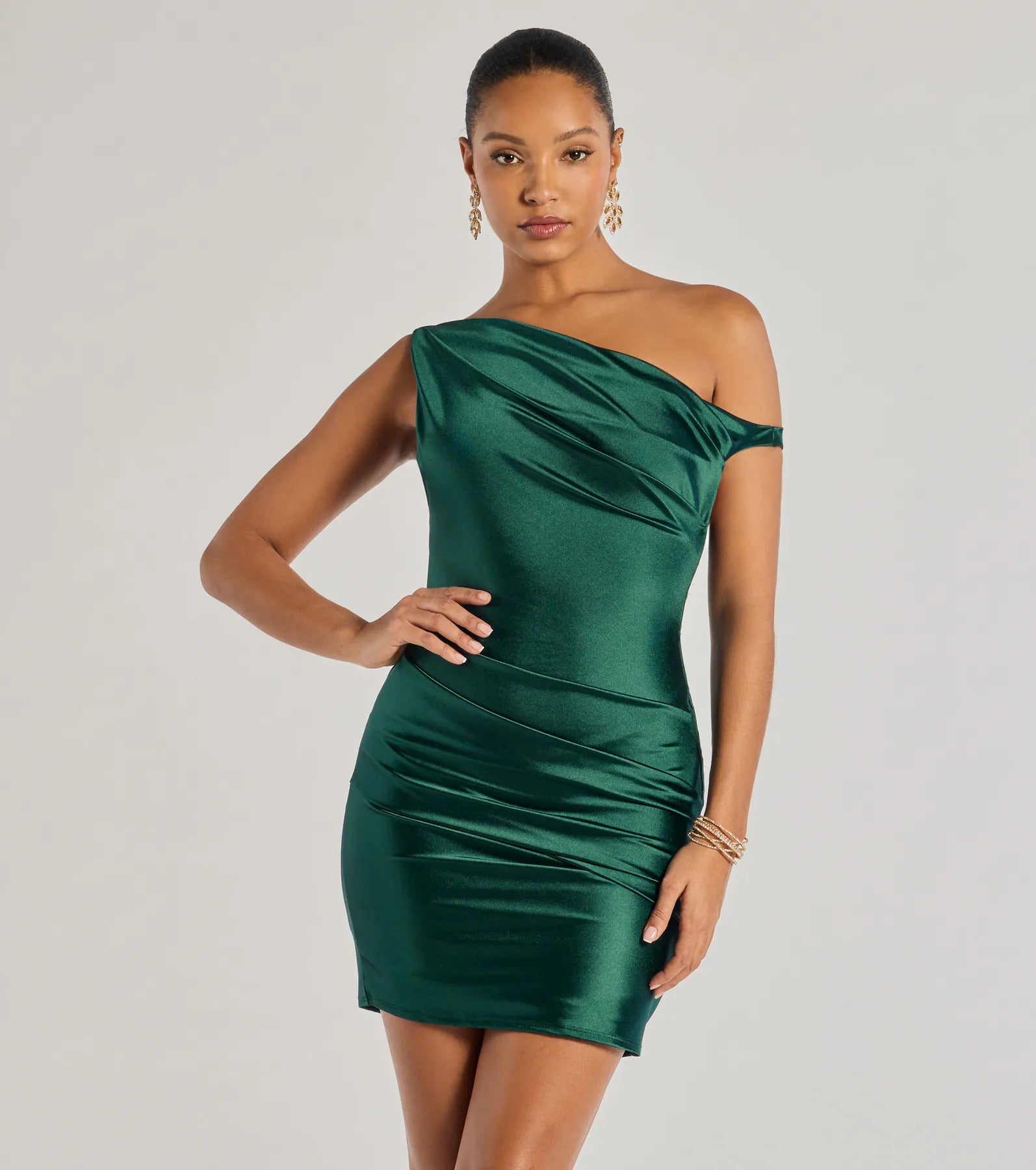 Stay Ahead In Style Save on Inspired Styles Marleigh Satin Off-Shoulder Mini Dress