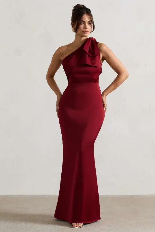 Urban Fashion Casual Elegance Lady | Berry Satin One Shoulder Maxi Dress With Bow