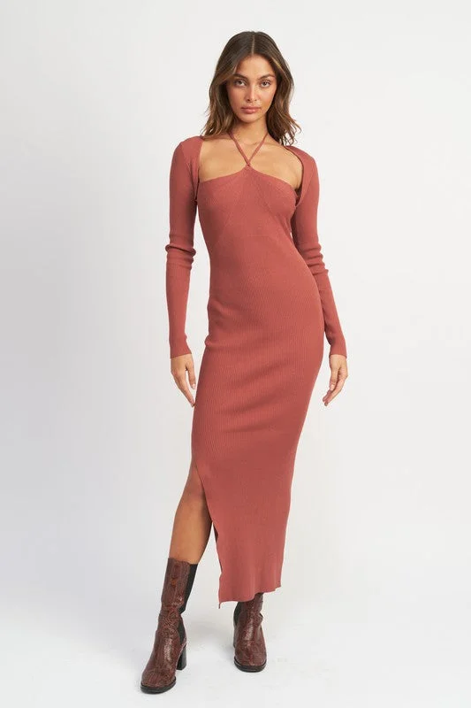 Snag Fabulous Fashion Bargains Feminine Soft - Hued Look Hot Girl Braxton Halter Neck Bolero Sleeve Ribbed Maxi Dress