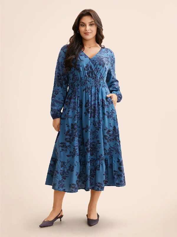 Chic And Edgy Artful Design Floral Wrap Lantern Sleeve Pocket Shirred Ruffle Hem Dress