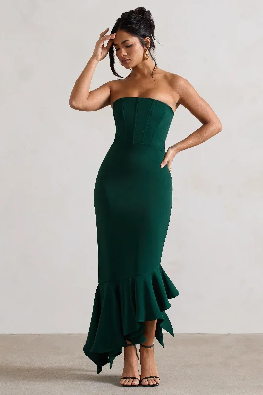 Feminine Luxe Style Sale Big Savings on Rustic Countryside Styles Sandy | Bottle Green Strapless Corset Asymmetric Maxi Dress