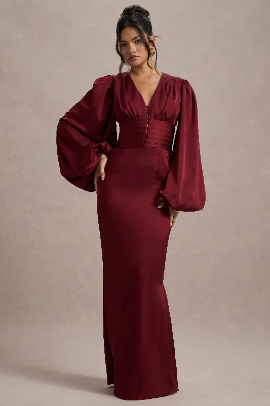 Vintage Style Deals Elevated Style Helsinki | Berry Satin V-Neck Balloon Sleeve Maxi Dress