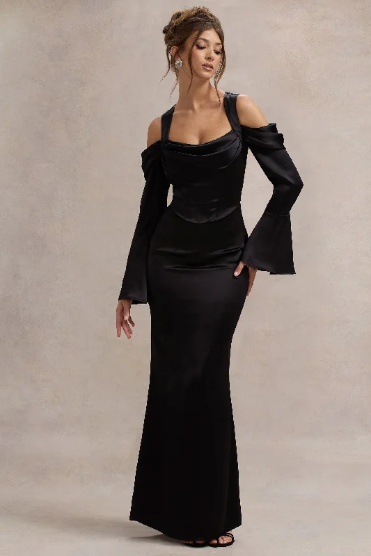 Modern Chic Discounts Chic Urban Fashion Look Heartthrob | Black Satin Draped Bardot Maxi Dress