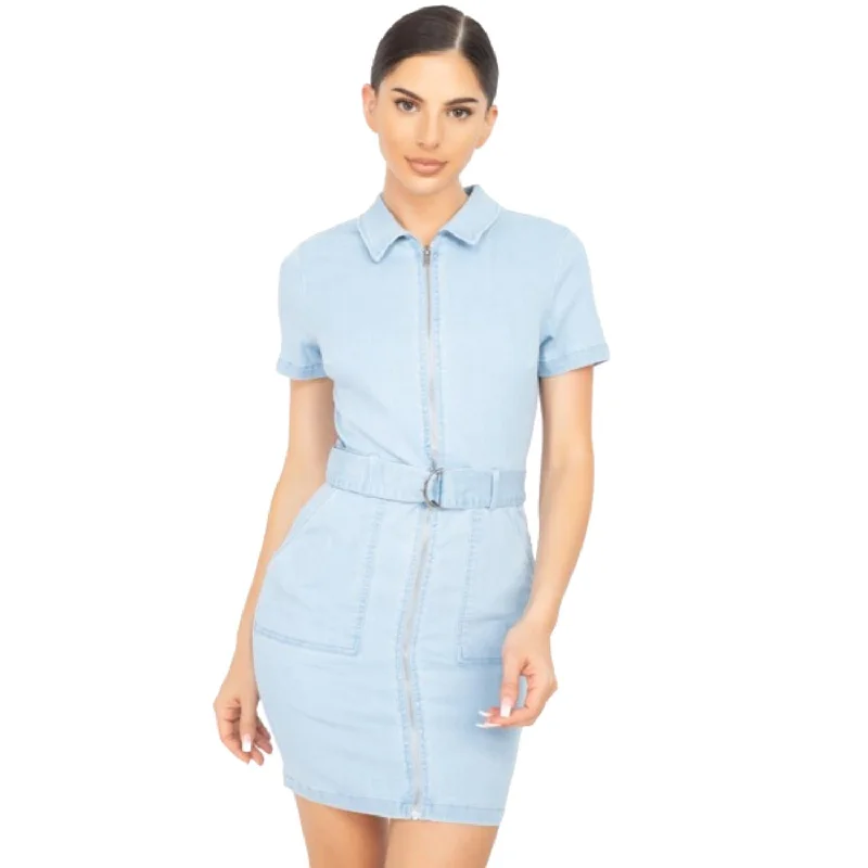 Limited Time Special Offer Great Prices on Feminine Styles Belted Bodycon Collared Denim Dress