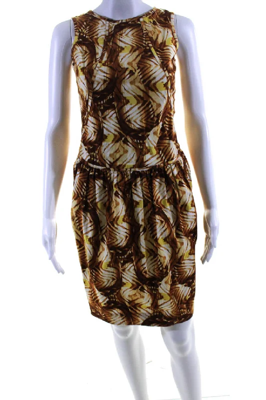 Elevated Casual Discounts Playful Elegance Oscar de la Renta Womens Brown Printed Silk Sleeveless Bodycon Dress