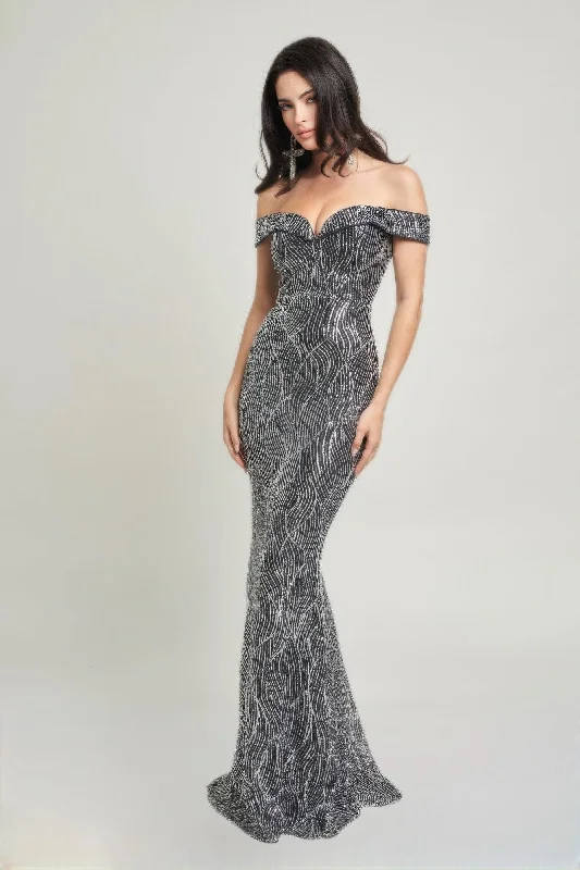 Must Haves Dreamy Aesthetic Hot Girl Siren Sequined Off Shoulder Maxi Dress In Silver