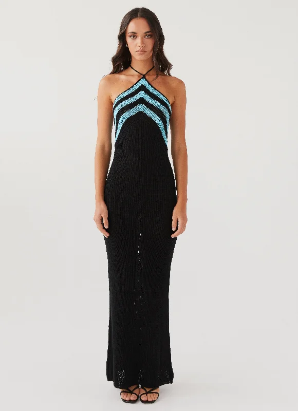 Retro Style Promotions Statement Piece Masterpiece Halterneck Crochet Maxi Dress - Azure Stripe