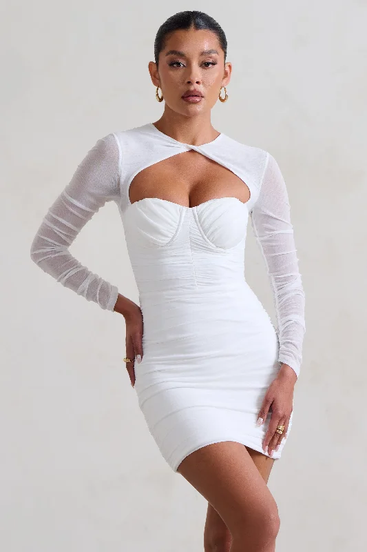 Statement Fashion Offers Vintage Elegance Daiquiri | White Ruched Cut Out Mesh Mini Dress With Long Sleeves