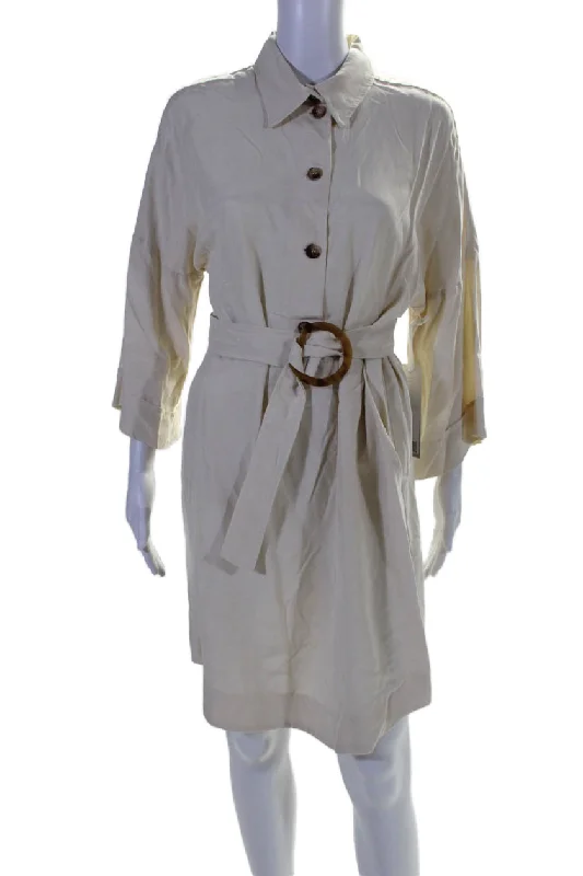 Snag Fabulous Fashion Bargains Limited - Stock I By Iris Setlakwe Womens 3/4 Sleeve Collared Belted Shirt Dress White