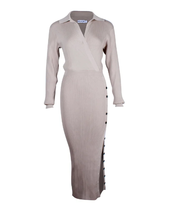 Hot Items Subtle Sophistication Self-Portrait Rib Knit Long Sleeve Dress in Beige Viscose