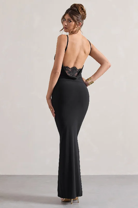 Seize Bargains Bold Silhouette Francoise | Black Cowl Neck Backless Maxi Dress With Lace Insert