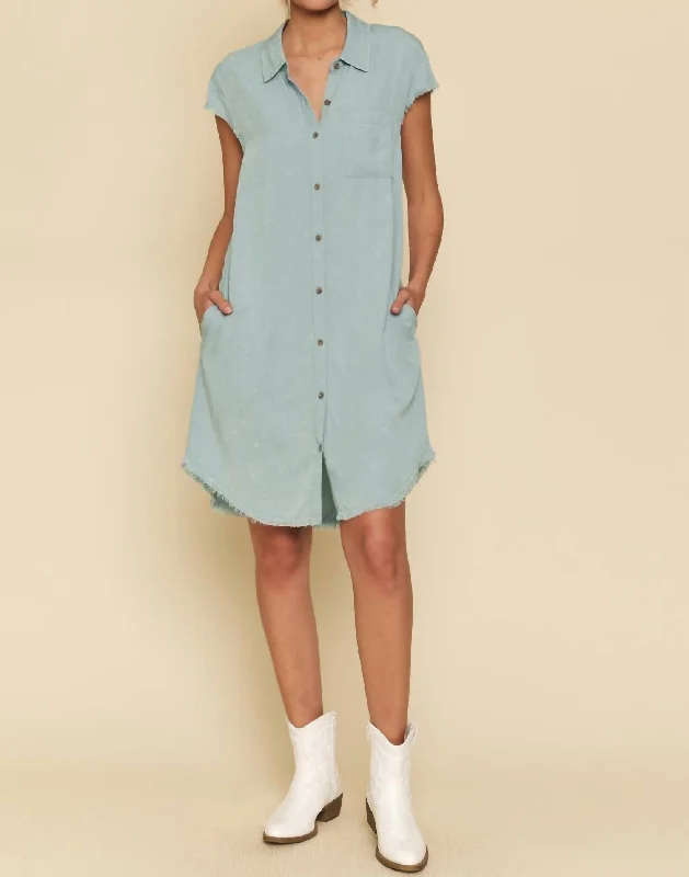 Seasonal Clearance Parisian Effortless Chic Style Frayed Edge Tencel Shirt Dress In Light Blue