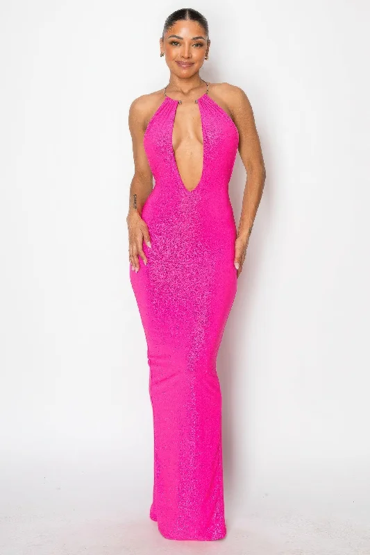 Unleash Your Style Grab Romantic Date - Night Styles Now Hot Girl Amaya Extreme Plunge Halter Neck Maxi Dress In Hot Pink