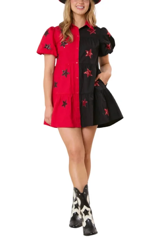 Fashion Frontiers Score Big on Glamorous Red - Carpet Styles Star Sequins Embroidery Color Block Shirt Dress In Black/red