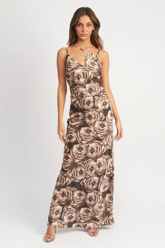 Seasonal Clearance Feminine Flow Hot Girl Fall Floral Asymmetrical Neck Maxi Dress In Brown