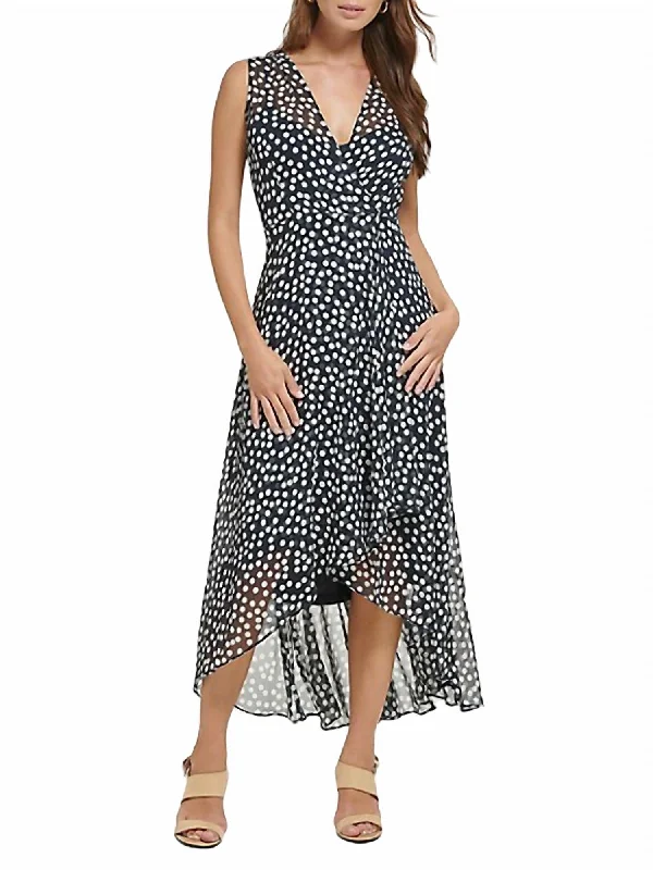 Glamorous Fashion Offers Vibrant Prints Polka Dot Sleeveless High Low Dress In Navy