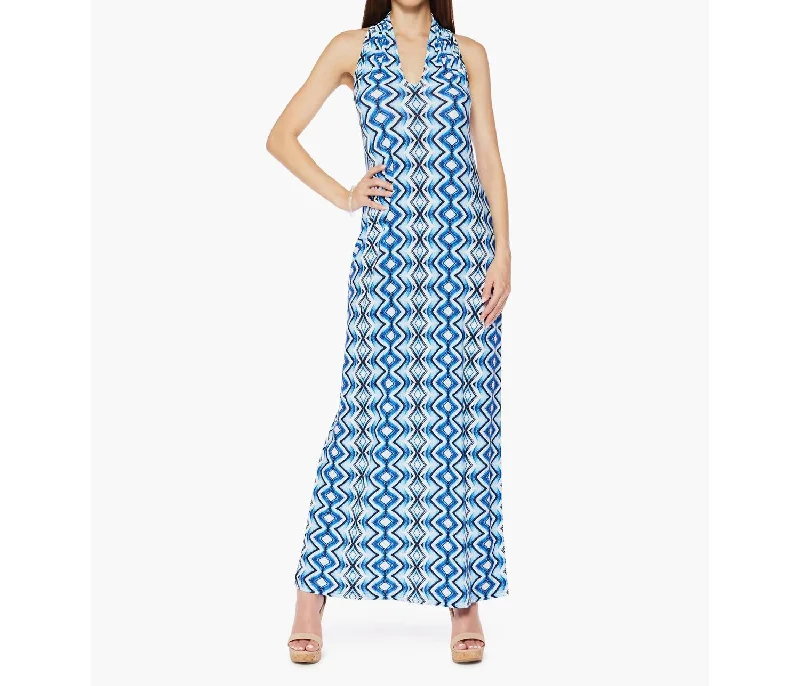 Fashion Deal Rustic Countryside Charm Look Maxi-Length V-Neck Microfiber Sleeveless Dress In Fortune (Bright Blue Vertical Diamond Pattern)