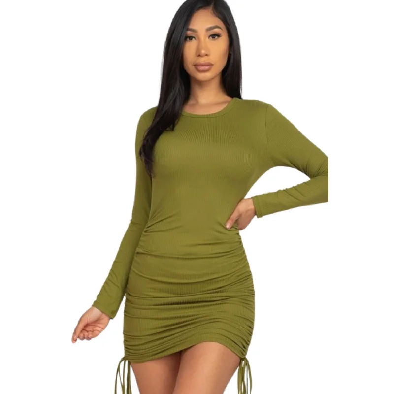 Exclusive Deals Online Winter Warm - Up Sale Ribbed Long Sleeve Drawstring Bodycon Dress