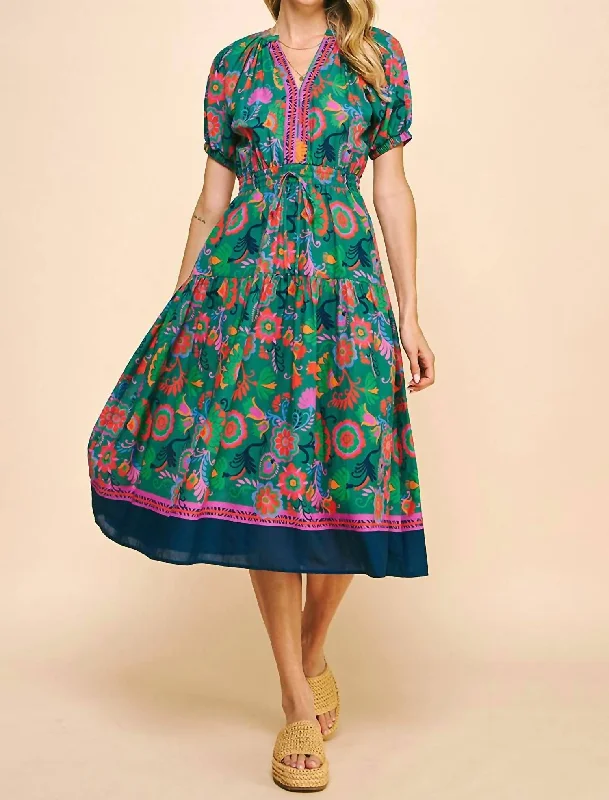 Durable Fashion Picks Dreamy Draping Floral Printed Midi Dress In Green Multi