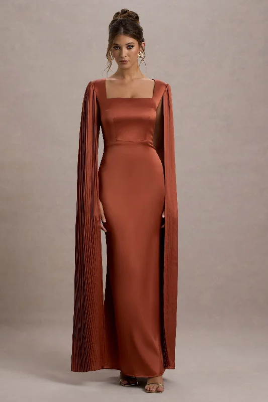 Sophisticated Street Style Offers Today Only Saloma | Rust Satin Square-Neck Maxi Dress With Cape Sleeves