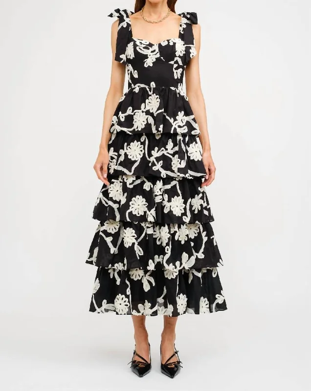 Chic Trends Unveiled Elevated Style Floral Midi Dress In Black