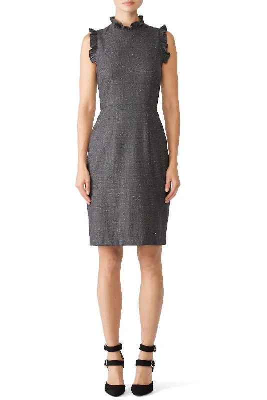 Unbeatable Prices Casual Weekend Relaxed Style Tweed Ruffle Sleeveless Pencil Dress In Gray