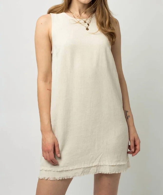 Hurry Before It'S Gone Limited Quantities The Virginia Double Frayed Sleeveless Linen Shift Dress In Oatmeal