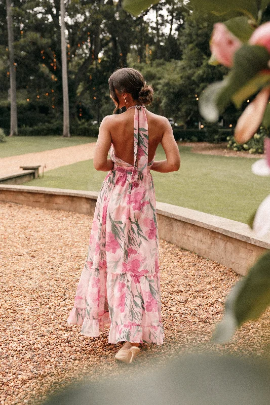 The Latest Fashion Trends Feminine Soft - Hued Look Lennon Halterneck Maxi Dress - Pink Floral