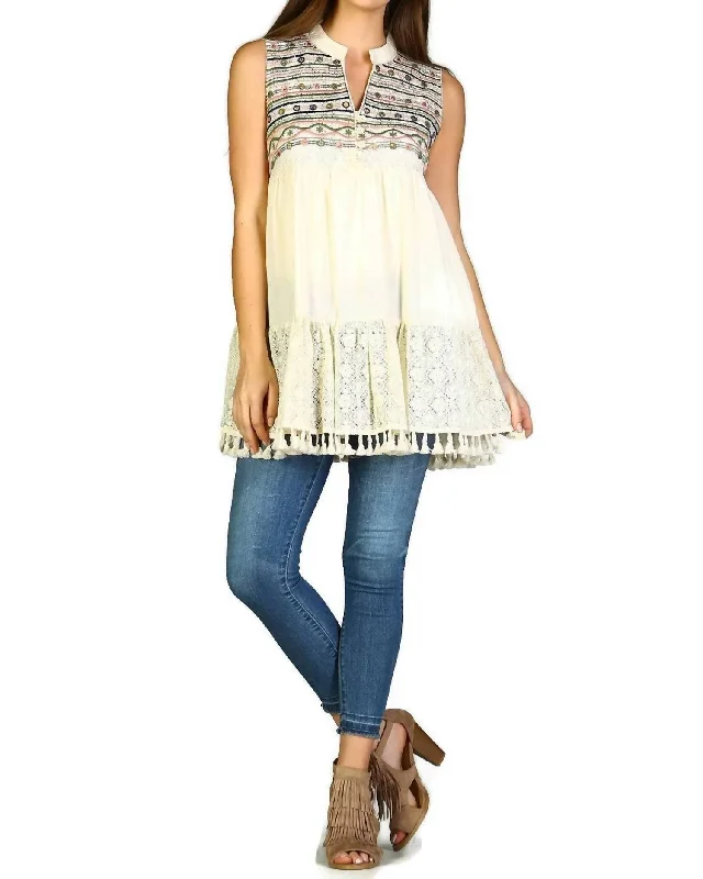 Fall Sale, Prices Drop Celebrate with Big Savings Lace & Fringe Embroidered Sleeveless Dress In Beige