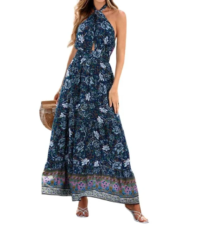 Premium Style Beat the Heat in Tropical Styles Floral Print Halter Tie Maxi Dress In Navy Floral