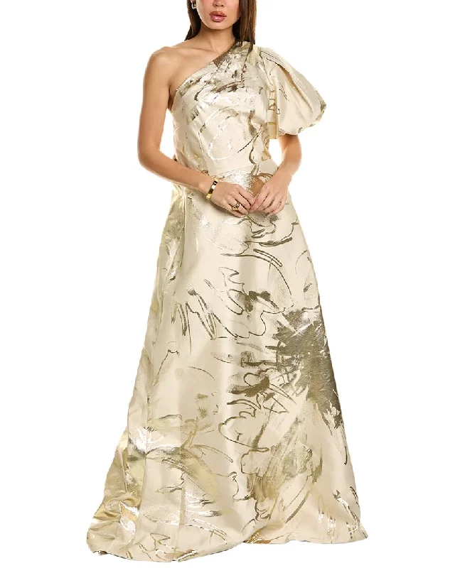 Special Offers Rustic Countryside Charm Look Teri Jon by Rickie Freeman One-Shoulder Puff Sleeve Gown