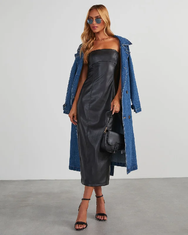 Athleisure Style Sale Score Big on Glamorous Red - Carpet Styles Reeva Strapless Faux Leather Midi Dress