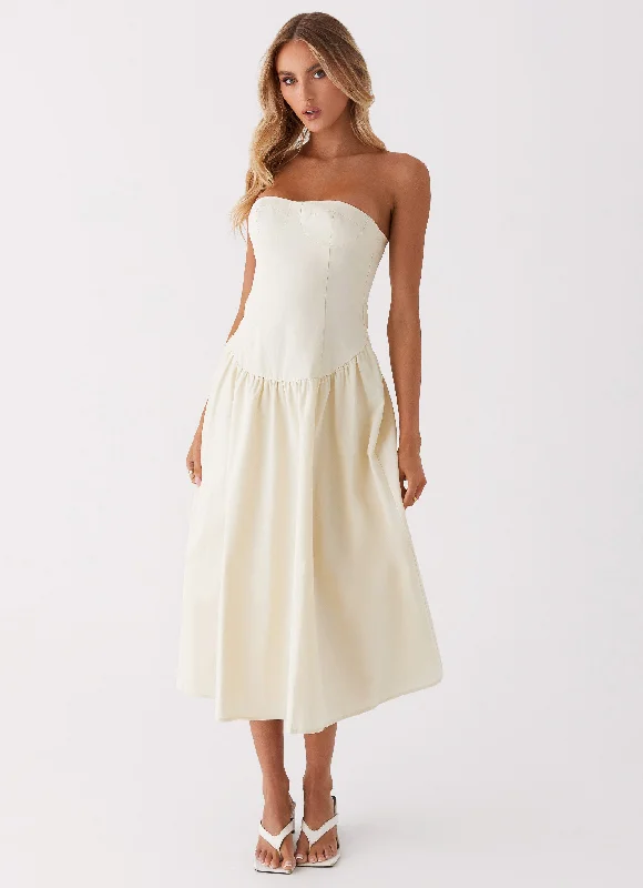 Chic And Edgy Everyday Glamour Rosebud Bustier Midi Dress - Ivory