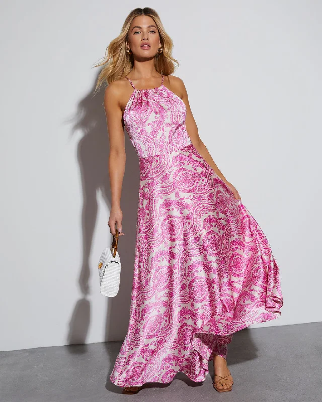 Daily Deals Dreamy Draping Maxine Satin Paisley Halter Maxi Dress