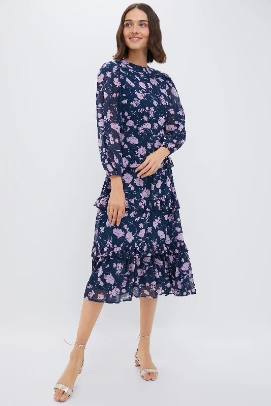 Ends Soon Graceful Drape Navy & Blush Abstract Floral Rosalind Ruffle Maxi Dress