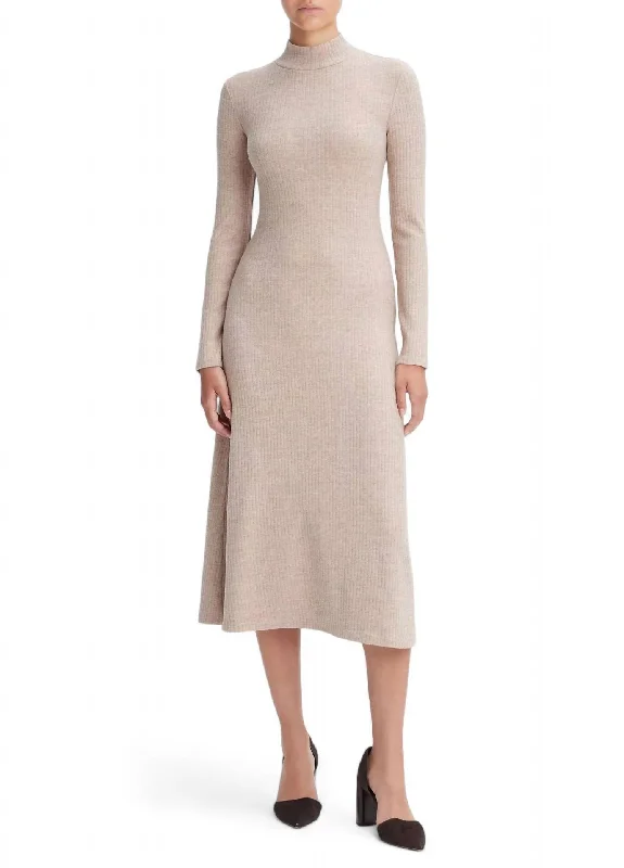 Best Deals Of The Season Vintage Elegance Ribbed Long Sleeve Mock Neck Dress In Heather Hazel Cream