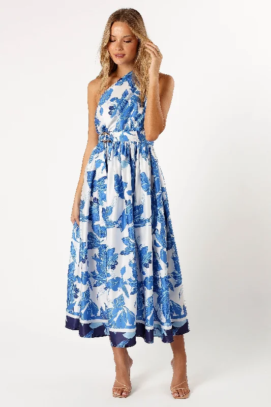 Forward Trendsetter Art Deco Geometric Pattern Look Naomi One Shoulder Midi Dress - Blue Floral