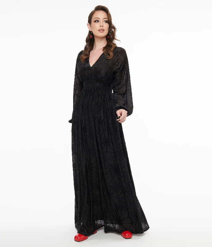 Casual Yet Chic Sales Early Access to Art Deco Styles Sale Unique Vintage 1970s Black Spiderweb Maxi Dress