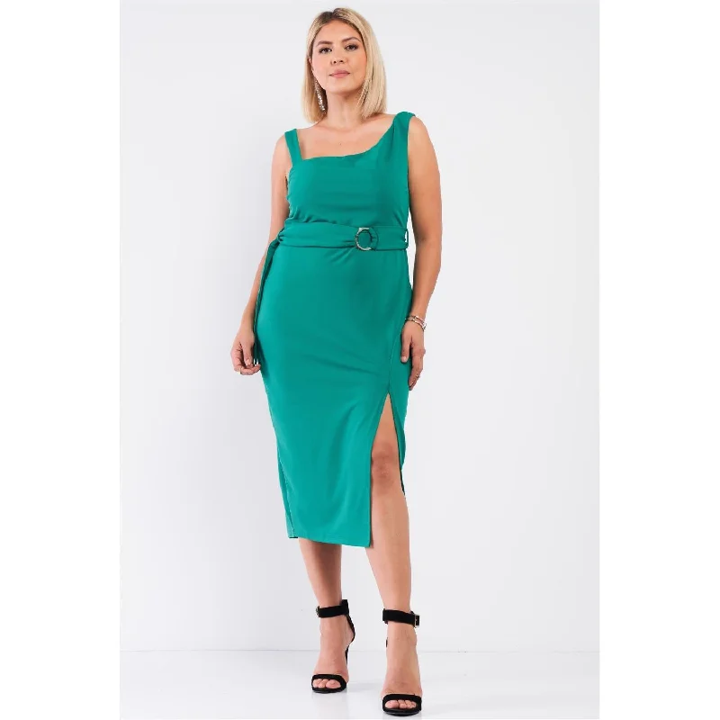 New In This Season Mid - Season Sale Plus Sleeveless Asymmetrical Shoulder Front Slit Detail Belted Dress