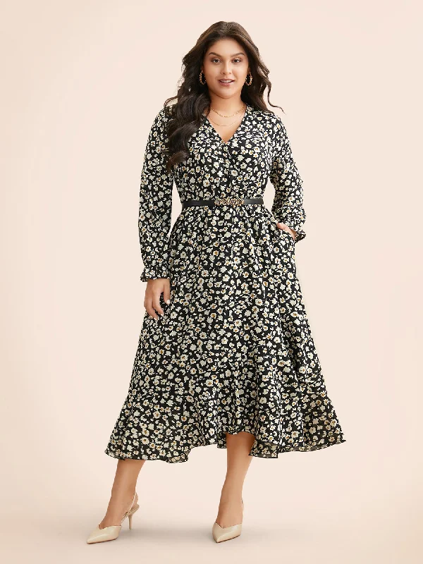 Weekend Exclusive Effortless Sophistication Ditsy Floral Overlap Collar Midi Dress