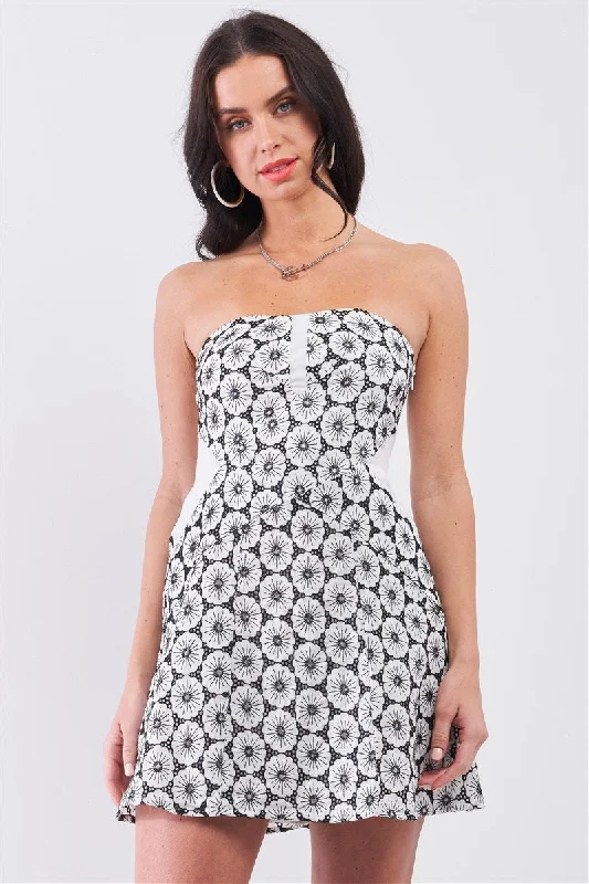 Fresh Styles, Fresh Deals Lighten Up with Nordic Styles Hot Girl White & Black Floral Crochet Strapless Smocked Mini Dress