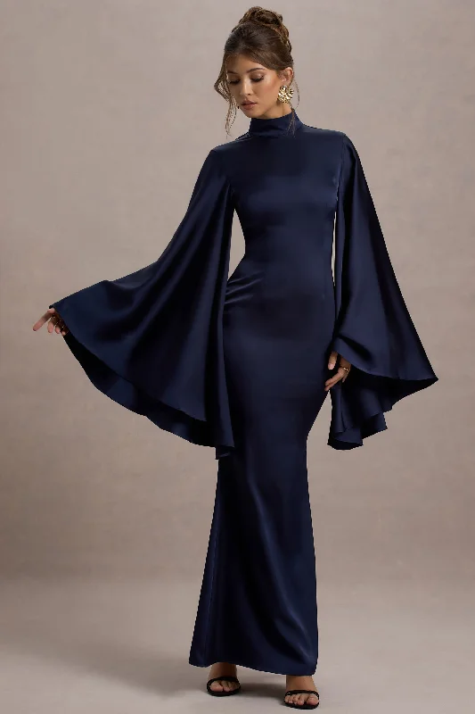 Easy Elegance Sales Limited - Stock Maceline | Navy Satin High-Neck Maxi Dress With Cape Sleeves