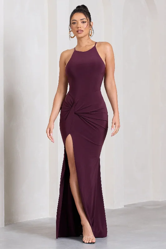 Edgy Fashion Deals Alluring Design Stellar | Plum Halter-Neck Twisted Split Maxi Dress