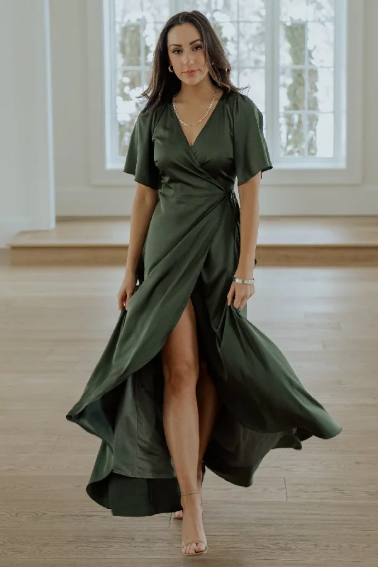 Bid Farewell To The Old Season Beat the Heat in Tropical Styles Vara Satin Maxi Wrap Dress | Juniper Green